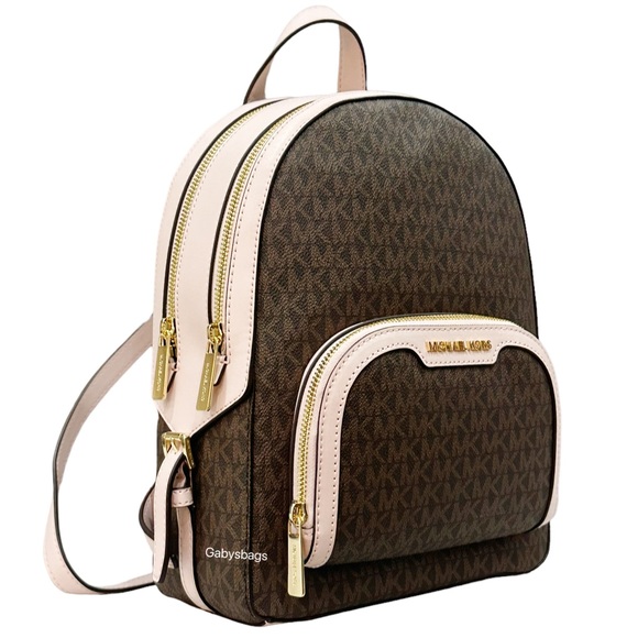 Michael Kors Medium Zip Pocket Backpack Brown MK Powder Blush Pink - Picture 6 of 7